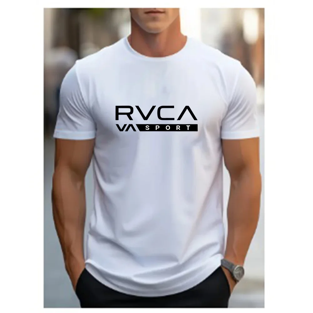 Cooles T-Shirt für Herren, lässiges T-Shirt mit RVCA-Musterdesign, bedrucktes T-Shirt, Sommer-Kurzarm-Oberteil in einfarbiger Farbe mit Rundhalsausschnitt