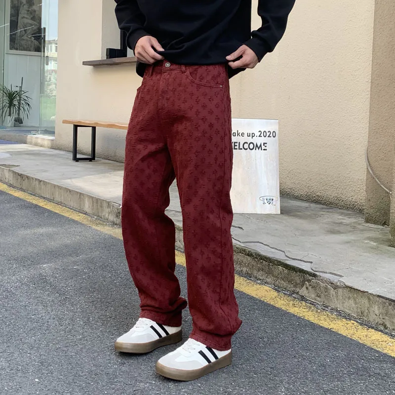 

Red Jeans Men's Street Hip-Hop American Style Loose Straight Vintage Embroidery Fashion Trend Wide Leg Mop Pants