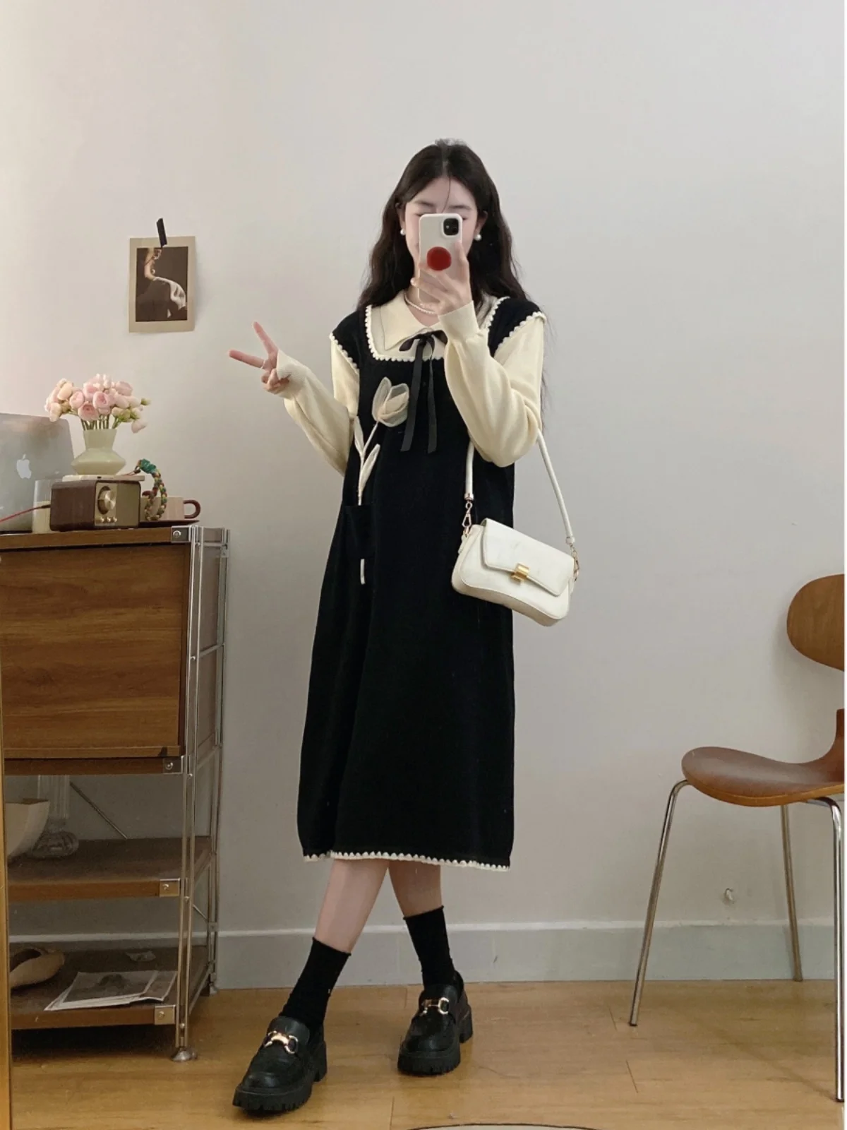 

plus Size Knitted Dress Hepburn Style Spring Season Fake Two-Piece Embroidered Little Black Dress Belly Covering Slimming Dress