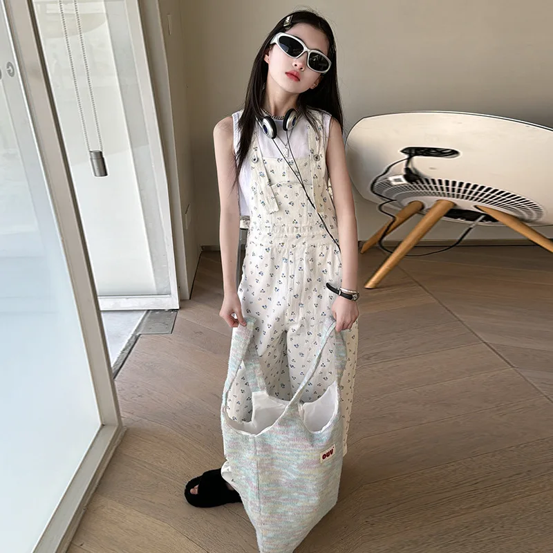 Girls Trousers Floral Suspenders Spring Summer 2024 New Fashion Women Big Children Loose Wide Leg Straight Leg Suspenders