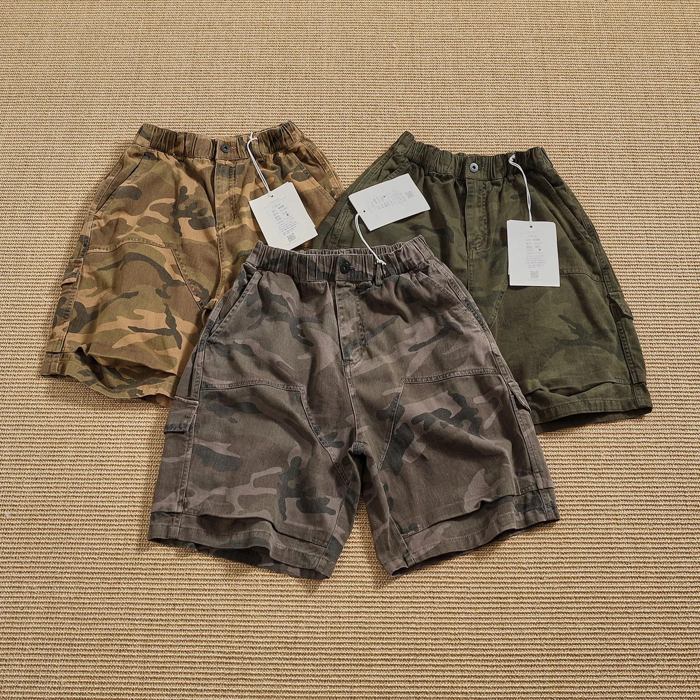 Summer heavyweight pure cotton cargo shorts men's retro washed and distressed loose multi-pocket casual mid-length pants