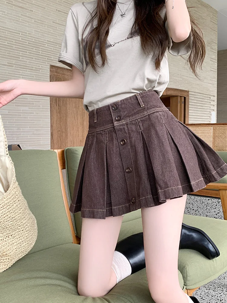 

Slergiri Button Front Coffee Pleated Skirts Women Y2k Streetwear Retro High Waist Denim Mini Skirts 90s Girls A-Line Faldas 2024