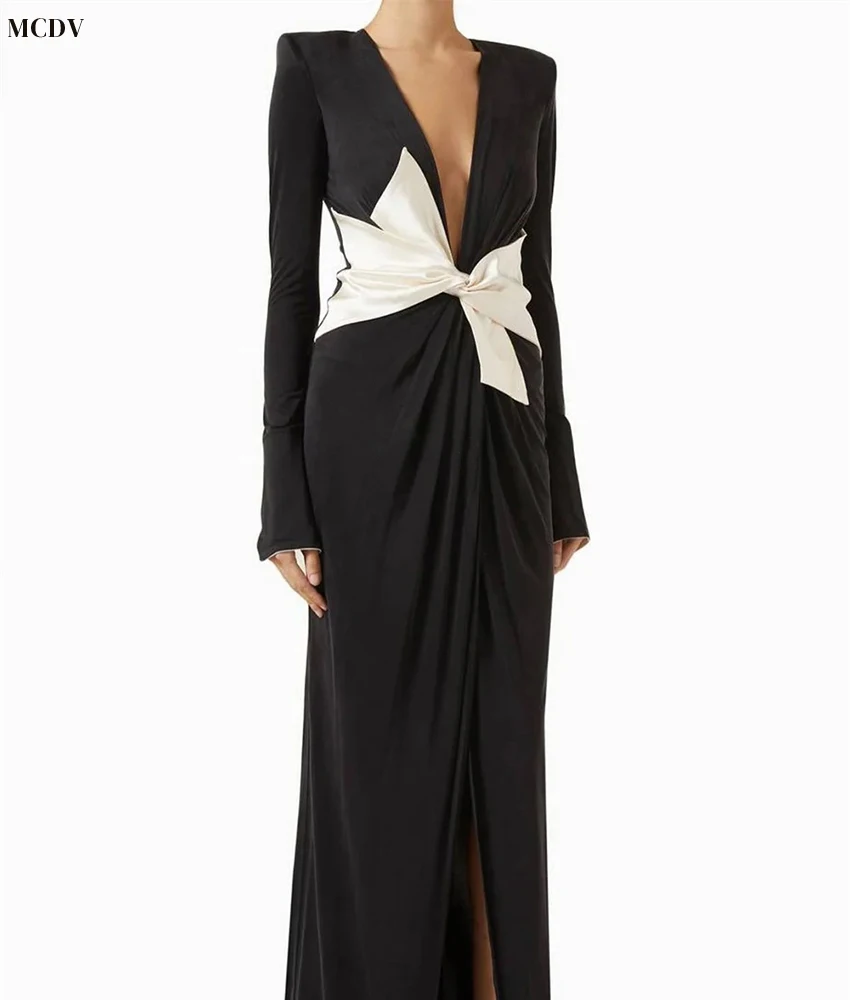 맞춤형 섹시한 저지 머메이드 이브닝 드레스 기품 있는 브이넥 긴 소매 바닥 길이 맞춤형 행사 드레스 맞춤 사이즈