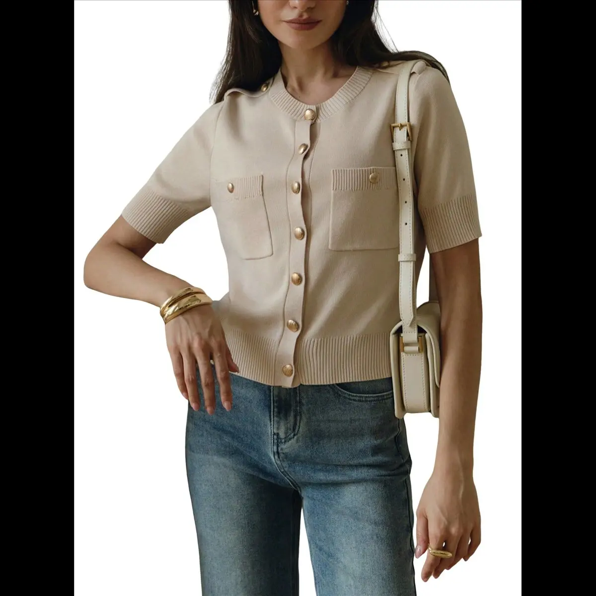 ✱Women'S Autumn Simple Elegant Double Pocket Metal Button Knit Top Temperament Round Neck Cardigan Khaki XL