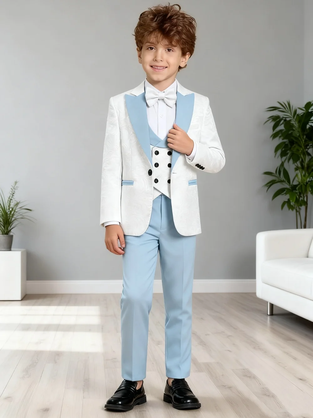 

Hot Sale Boys Wedding Suit Set 4 Piece Formal Tuxedo Jacket Vest Pants Bow Tie Slim Fit Kids Suits for Boys 3-14Y Fashion Suit