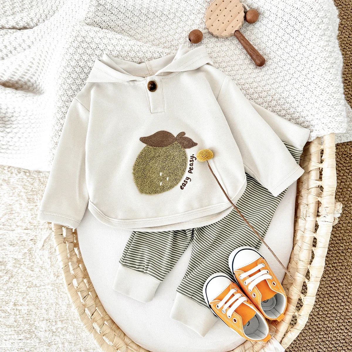 Baby Unisex Spring Autumn Outfit Lemon Flocking Lapel Top Green White Striped Pants Toddler 2Pcs Clothes Set