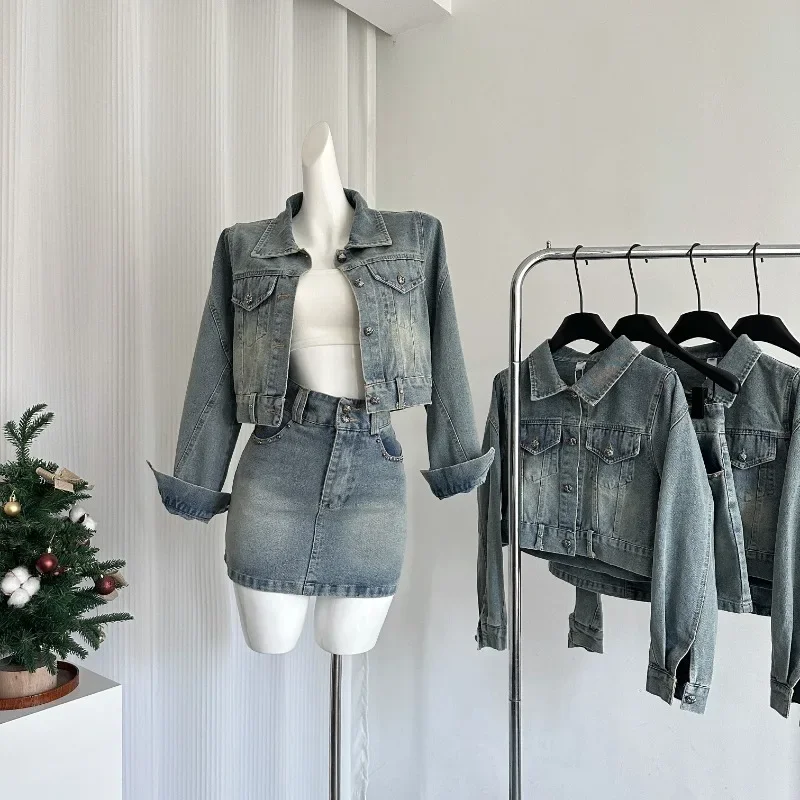 

Korean Fashion New Women Denim Two Piece Skirt Sets Long Sleeve Slim Short Jacket + High Waist A Line Mini Skirt Outfits Female