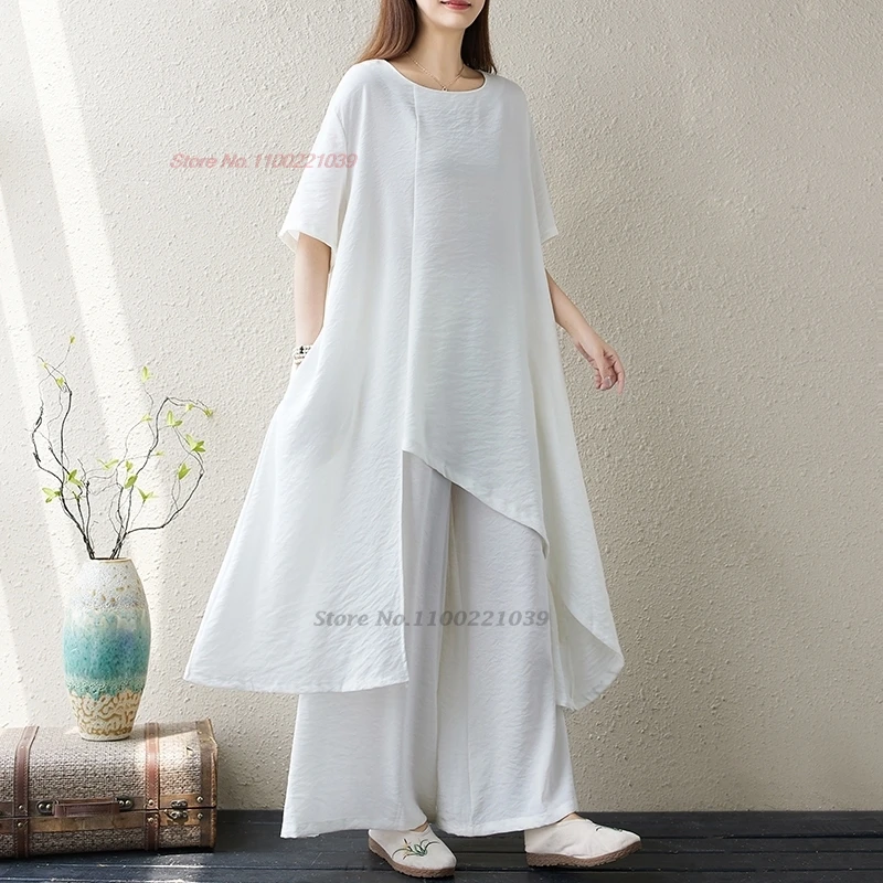 2024 traditional chinese vintage set improved tea service hanfu o-neck breathable dress+pants set retro meditation buddhist set