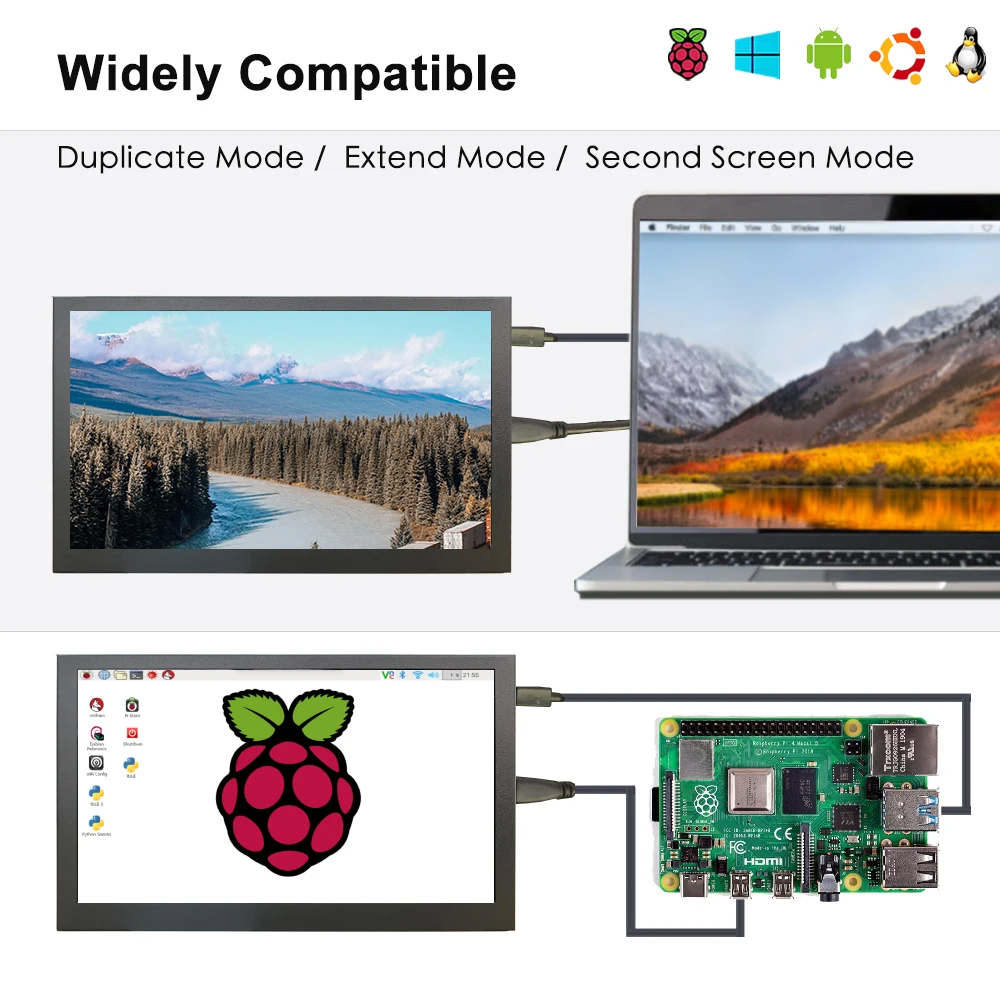 Imagem -03 - Lesown-monitor Pequeno Hdmi Touchscreen Ips 1024x600 Sub Display Portátil com Caixa de Metal Raspberry pi 3b Mais 3b Windows