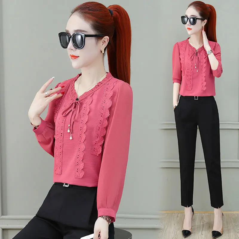 

Spring Autumn New Loose Chiffon Shirt Korean Long Sleeved Bottoming Top Women's Lace Ruffled Collar Blouse M-4XL