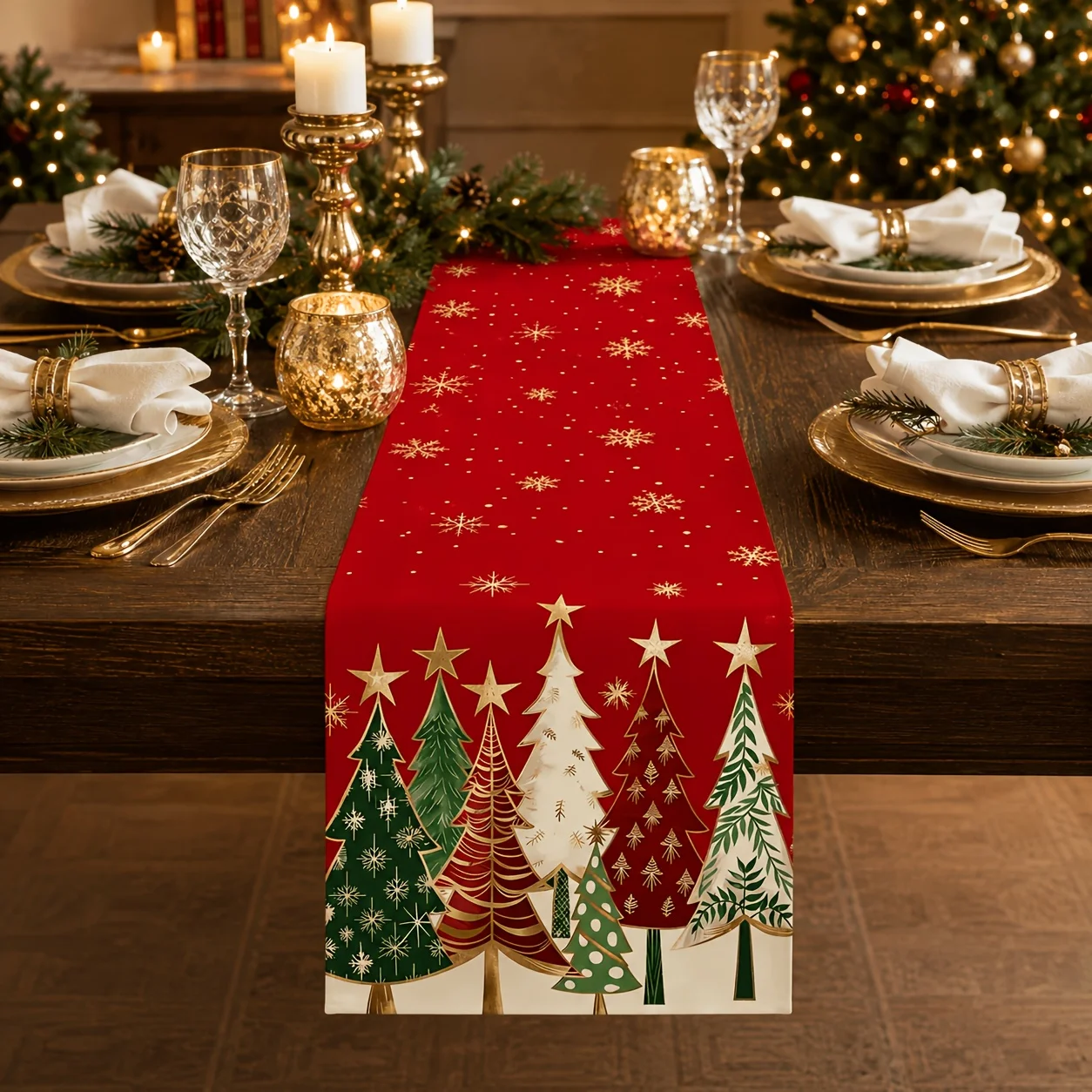 Holiday Decor Table Runner Colorful Christmas Tree Golden Star Print Table Scarf Christmas Dining Room Table Arrangement