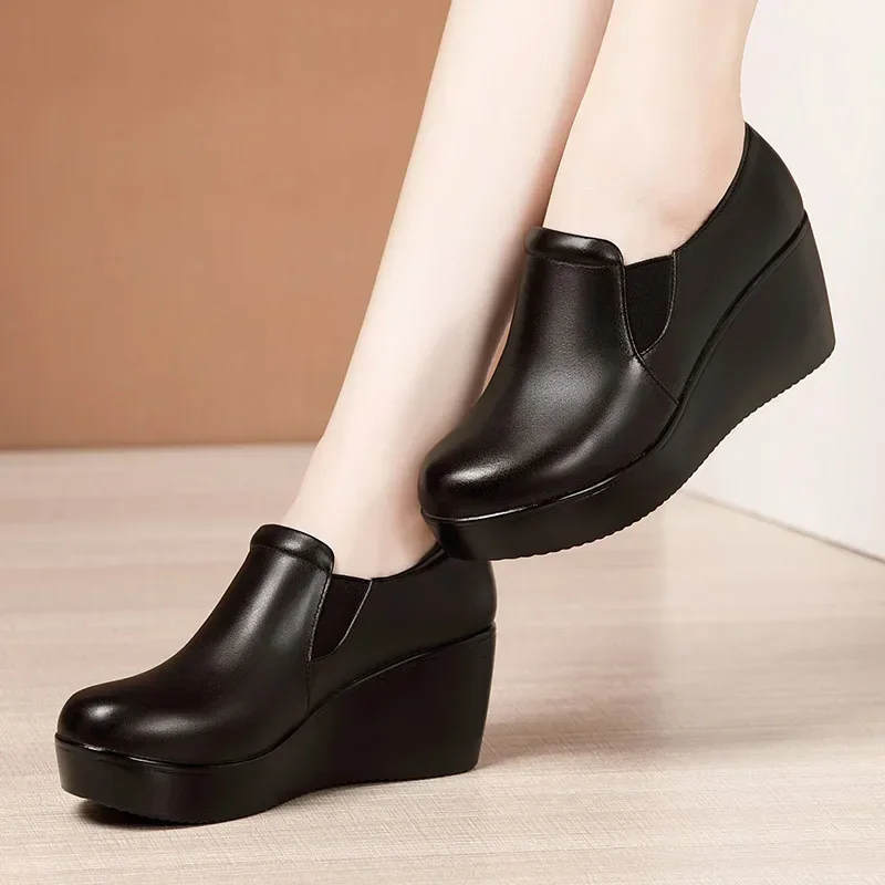 6cm Small Size 32-43 Comfortable Med Heels Platform Wedges Shoes 2024 Spring Deep Mouth Soft Leather Loafers Slip on Mom Shoes