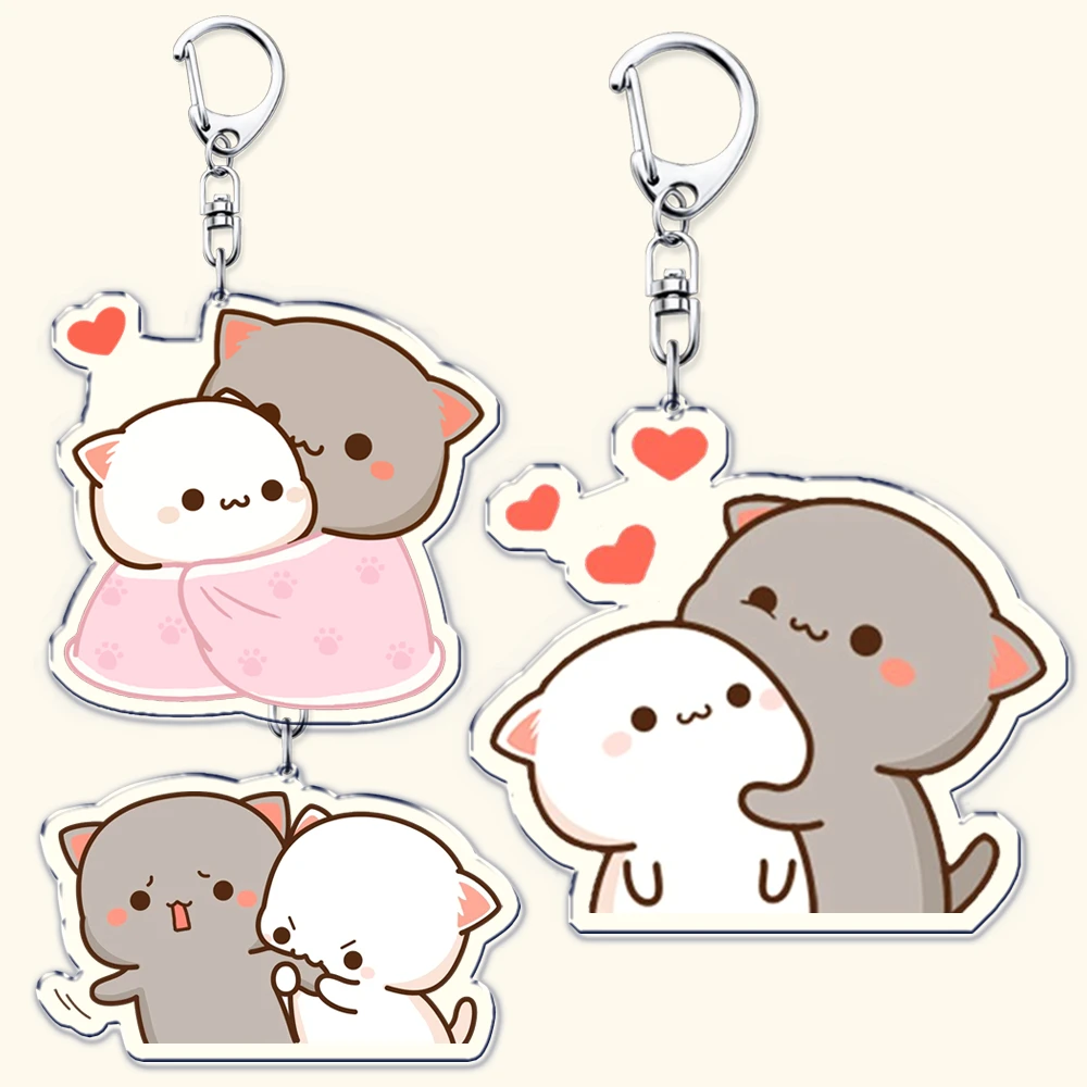 Cute Cartoon Peach and Goma Couple Cat Acrylic Keychains Ring for Accessories Bag Pendant Key Chain Jewelry Fans Lovers Gifts