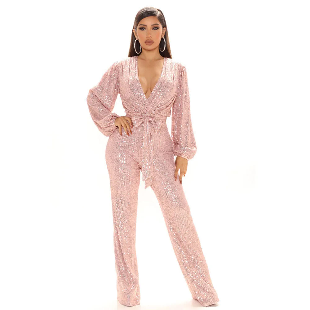 

Shiny Sequin Long Sleeve Deep V Neck Pants Women's High End Autumn Fashion Commute Style Low Waist Wide Leg Pants