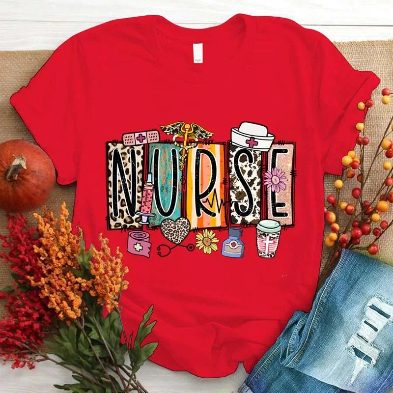 Hot Nurse Print T-shrits For Women Summer Short Sleeve Round Neck Loose T-shirt Fashion Creative Personalized Tops