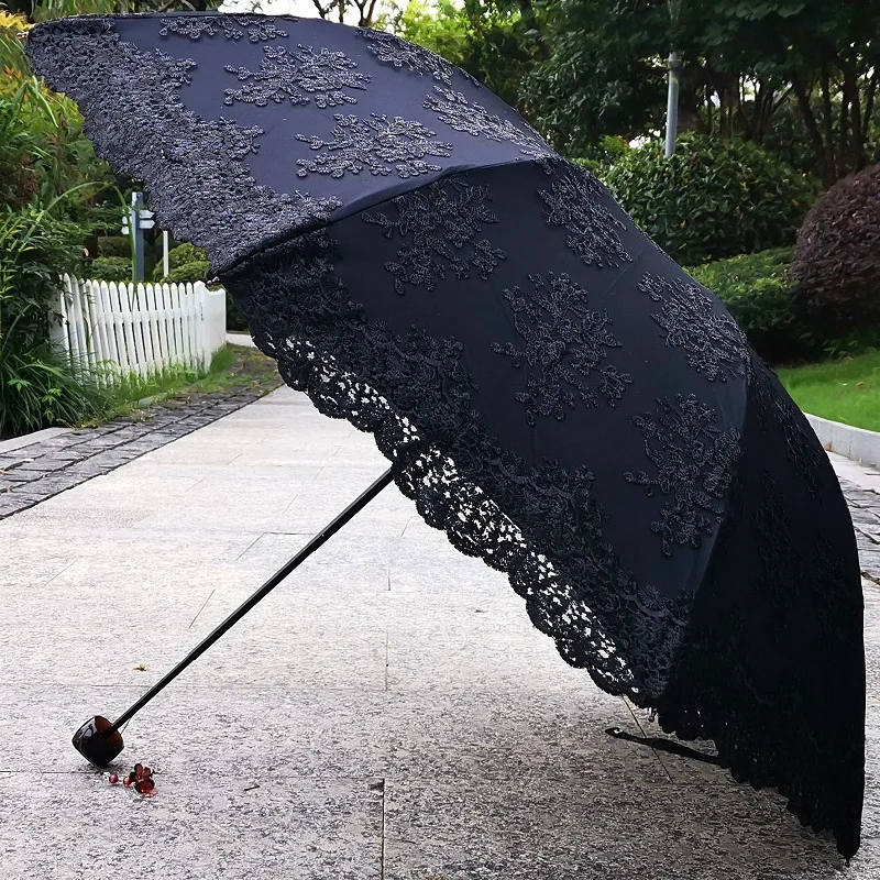 

Bla Lace Embroidery Sunade Umbrella UV Protection High End Luxury Rain And Sun Umbrella Manual Folding Stainl Steel