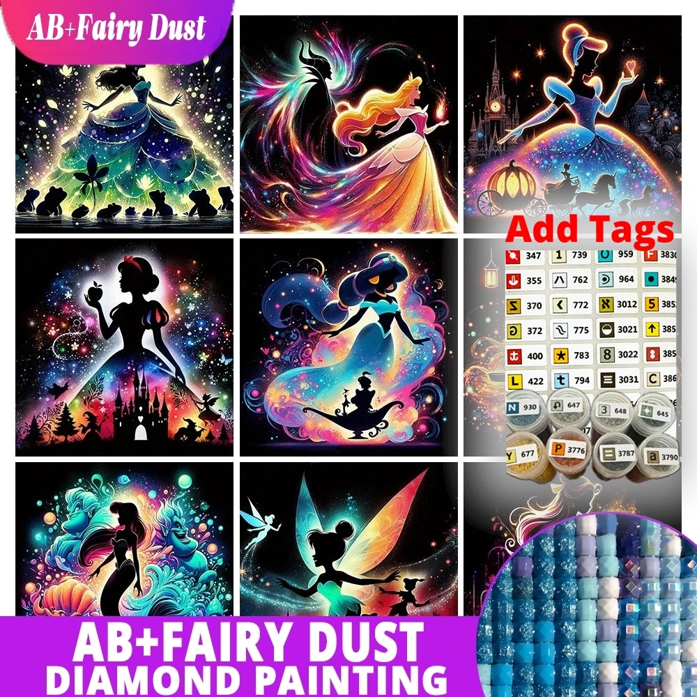 AB Fairy Dust Disney Diamant Malerei Prinzessin Silhouette Diamant Stickerei Cartoon Mosaik Kunst Bild Kreuzstich Kits Home D
