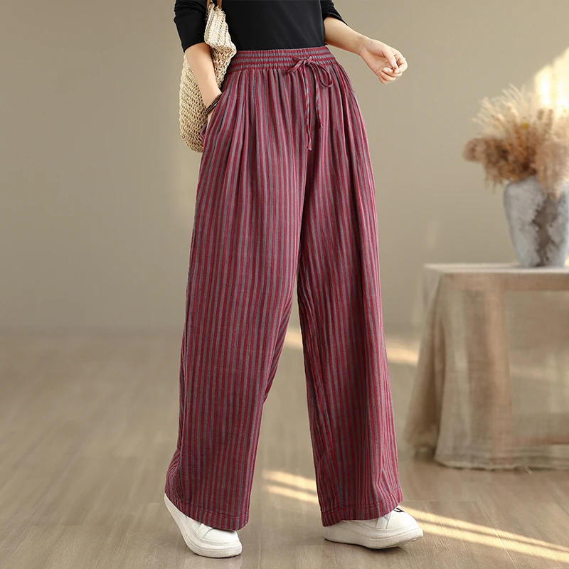 Calças Largas tradas de Cintura Alta Retro com Cordão e Cintura Elástica Estilo Artístico para Primavera Verão Outono