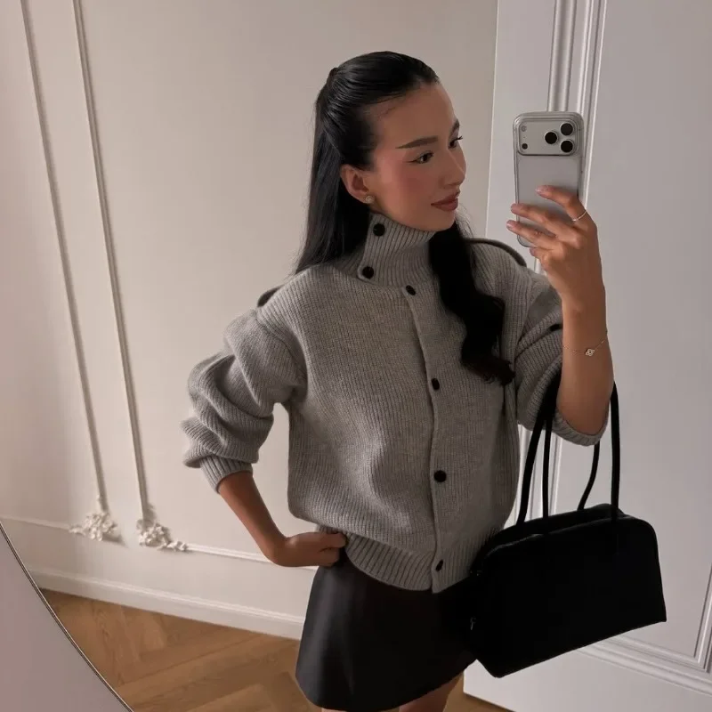 High Collar Knit Cardigan Button Design Sweater Coat Casual Loose Long Sleeve Pullover for Autumn Winter Daily Wear