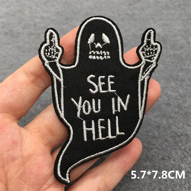 See You In Hell Punk Embroidery Patches for Clothing Iron on Patches Stripes Diy Appliques The Lover Patches on Clothes Stickers