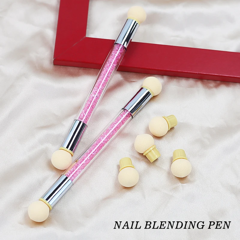 Clou Beaute Nail Art Double ended Shading Pen Brush Removable Set Sponge Brush Manicure Rhinestone Handle Art Nail Polish Tool