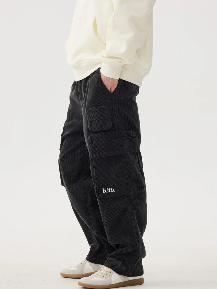 KITH Men's Autumn Winter Corduroy Work Trousers Multiple Pockets Loose Straight Casual Long Pants Warm Retro Japanese Style