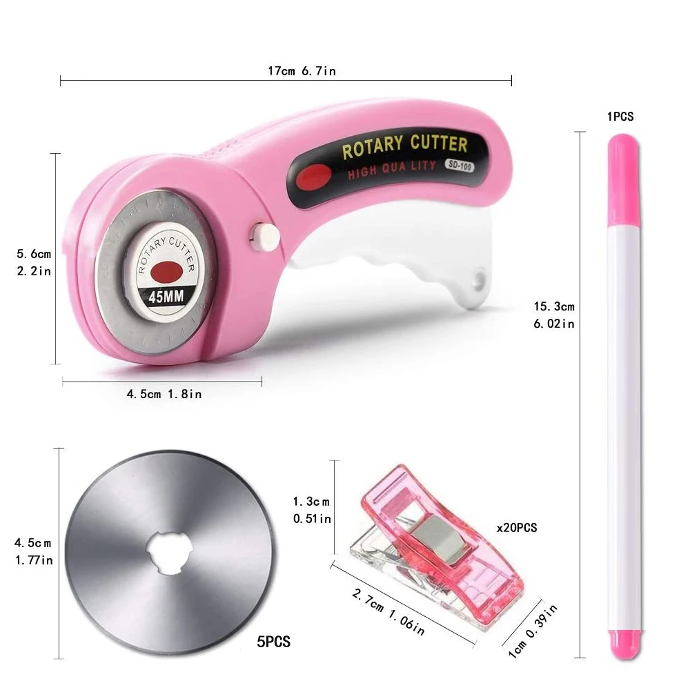 45mm Rotary Cutter with 5pcs Replacement Blades & Sewing Clips & Fabric Marker Pen for DIY Sewing Fabric Leather Quilting