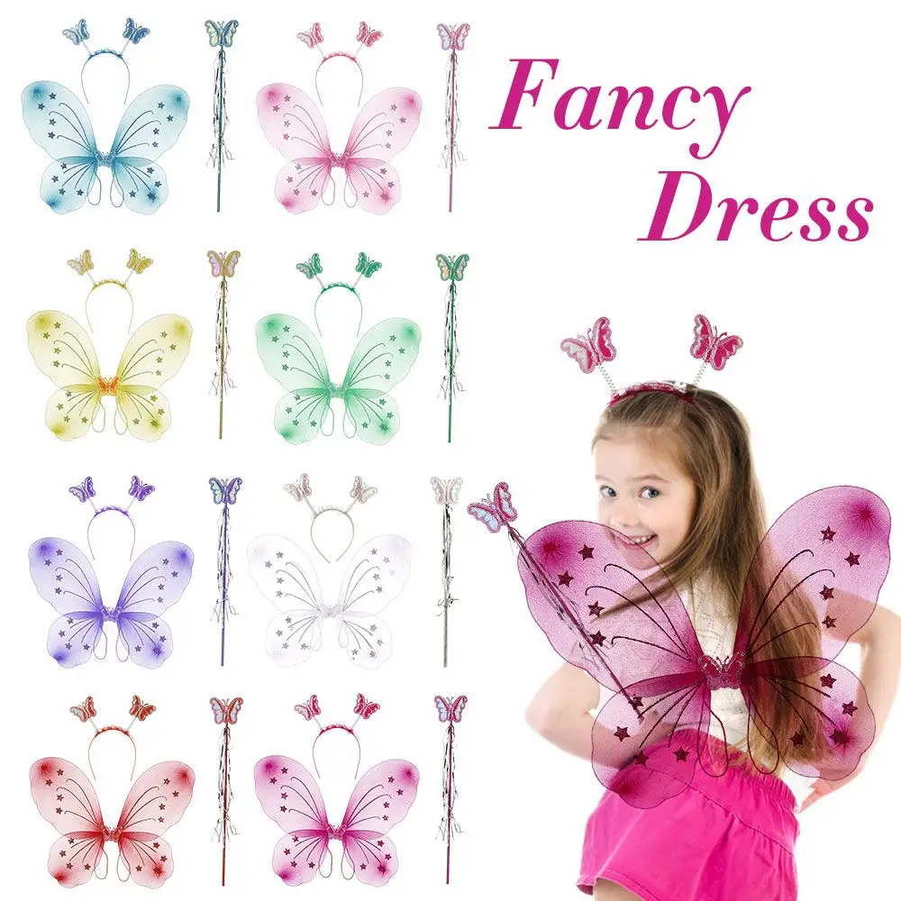 Kids Butterfly Fairy Wings and Wand Princess Headband Wings Wand Girls Summer Photography Outfit Children Fairy Tale Props