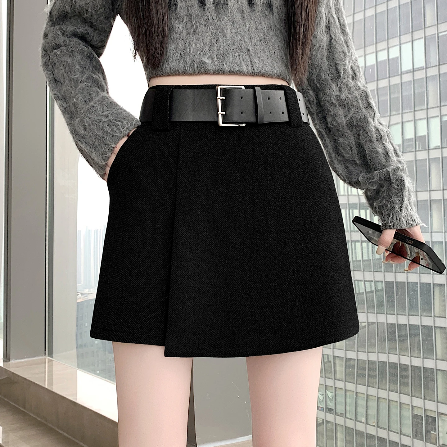 Women's Asymmetrical Hem Skirts, High Waist Flared Mini Skort for Autumn Winter, A-Line Short Skirt with Attached Shorts