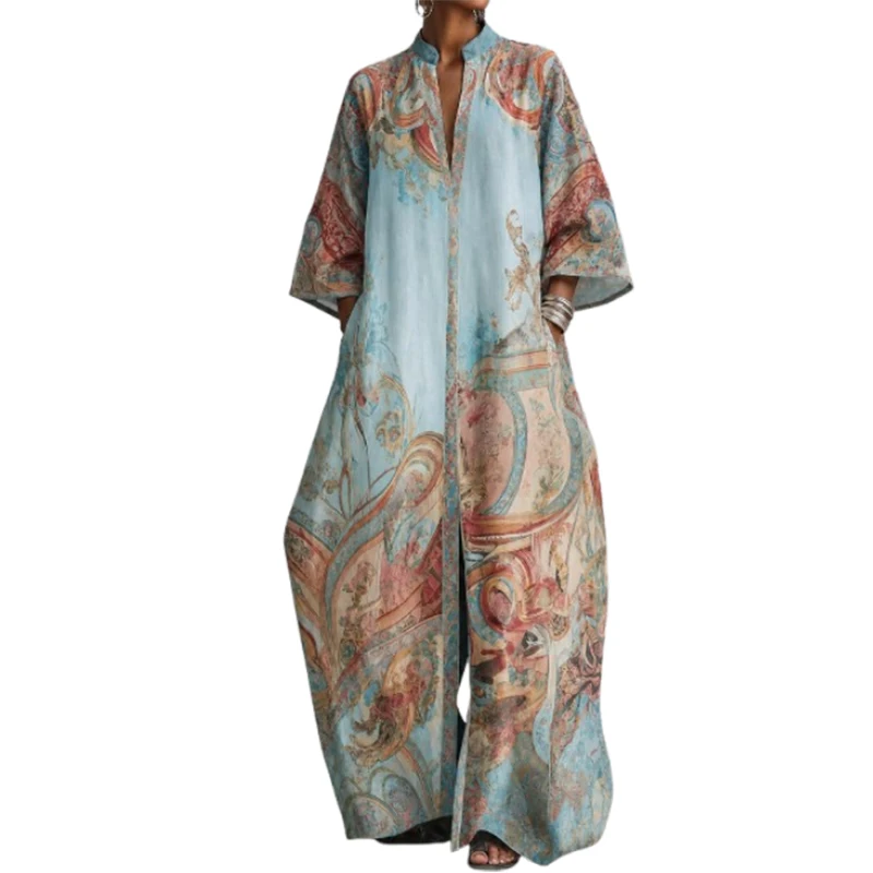 UOOZEE Women Vintage Printed Wide Leg Jumpsuit Stand Collar Deep V 3/4 Sleeves Loose Side Pockets Floor Length Bohemian Romper