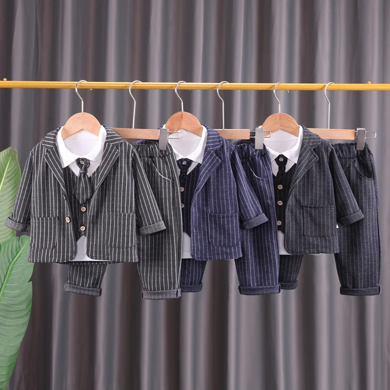 Boys' Suit 2026 Spring and Autumn New Children's Wear Boys' Baby Western Style Vertical Tie British Style Suit Three-piece Set