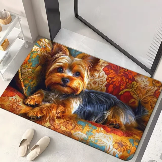 Vintage Style Yorkshire Terrier Dog Area Rug, Soft Non-Slip Indoor Outdoor Floor Mat for Entrance and Living Room Decor