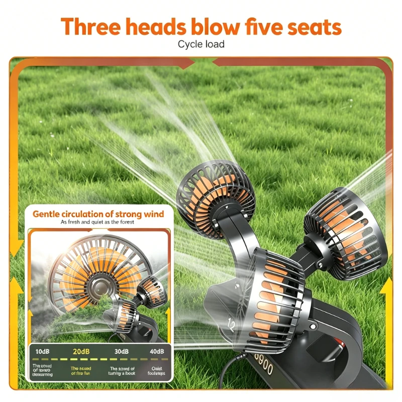 12V Automotive Fan Car Fan 24V 360° Adjustable 3 Head Air Fan Low Noise Multifunctional Temporary Parking Card Auto Vehicles Fan