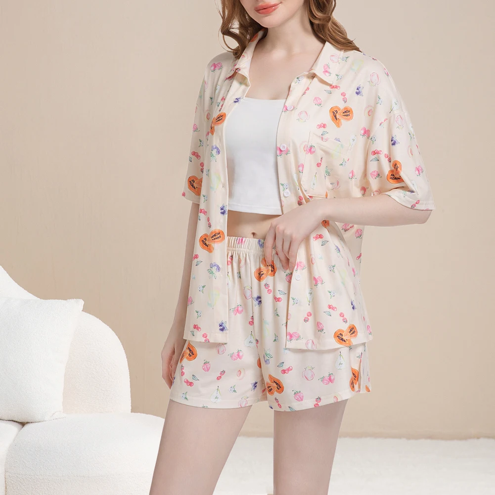 

Women Fruit Print Pajamas Set with Slits Soft Loungewear Button Down Sleepwear Breathable for Living Room Bedroom Hotel Travel