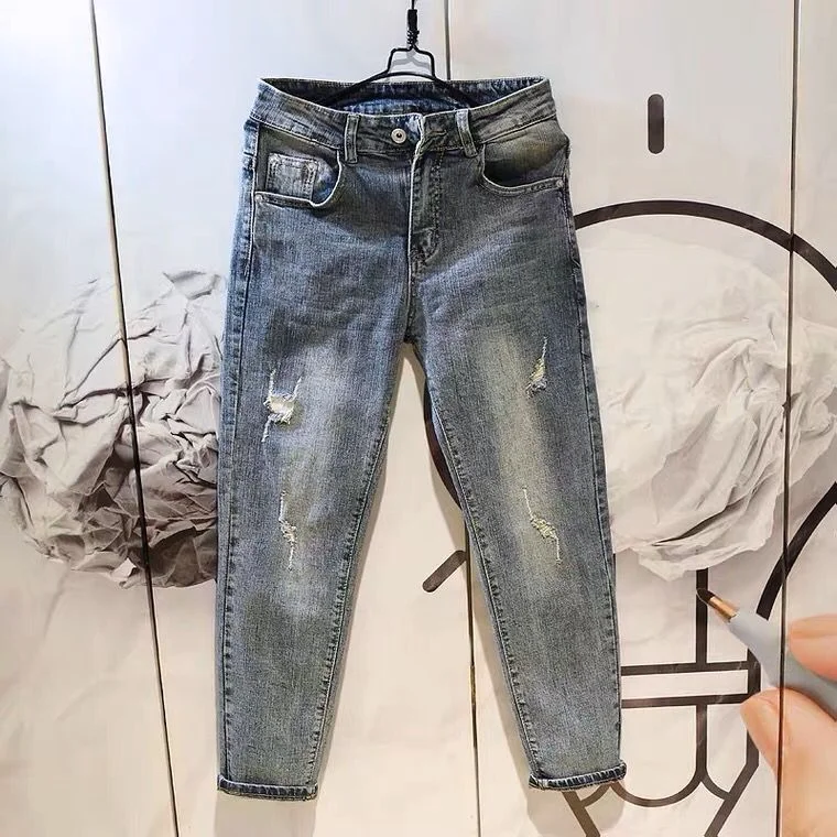 Jeans Men Italy Luxury Trendy Brand Loose Straight Elastic Korean Trendy Japanese Pants Light-colored Retro Old Ripped Jeans Men
