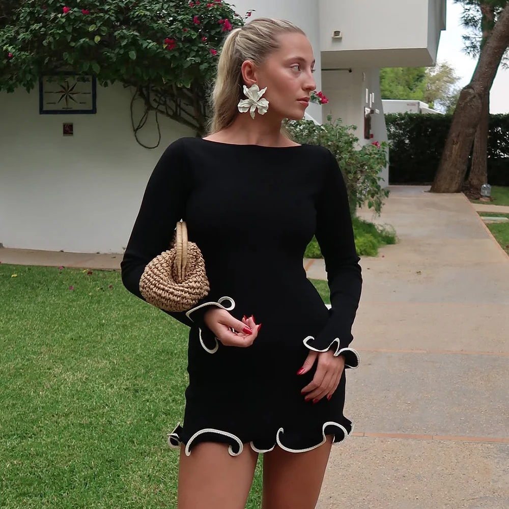 Talenza Knitted Contrast Slim Fit Mini Dress Women's Autumn New Knitted Sweater Dress Fashionable Long Sleeve Knitted Mini Dress