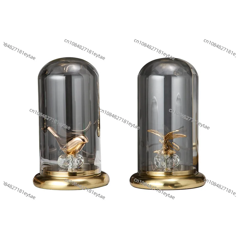 

Metal Glass Cover Golden Bird Dragonfly Simulation Specimen Figurine Home Decorative Craft