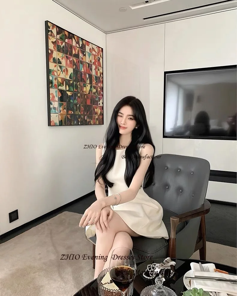 ZHIO Ivory Simple Satin Boat Neck Mini Length Korean Style Evening Gown Dress Strapless Sleeveless Short Prom Cocktail Dress