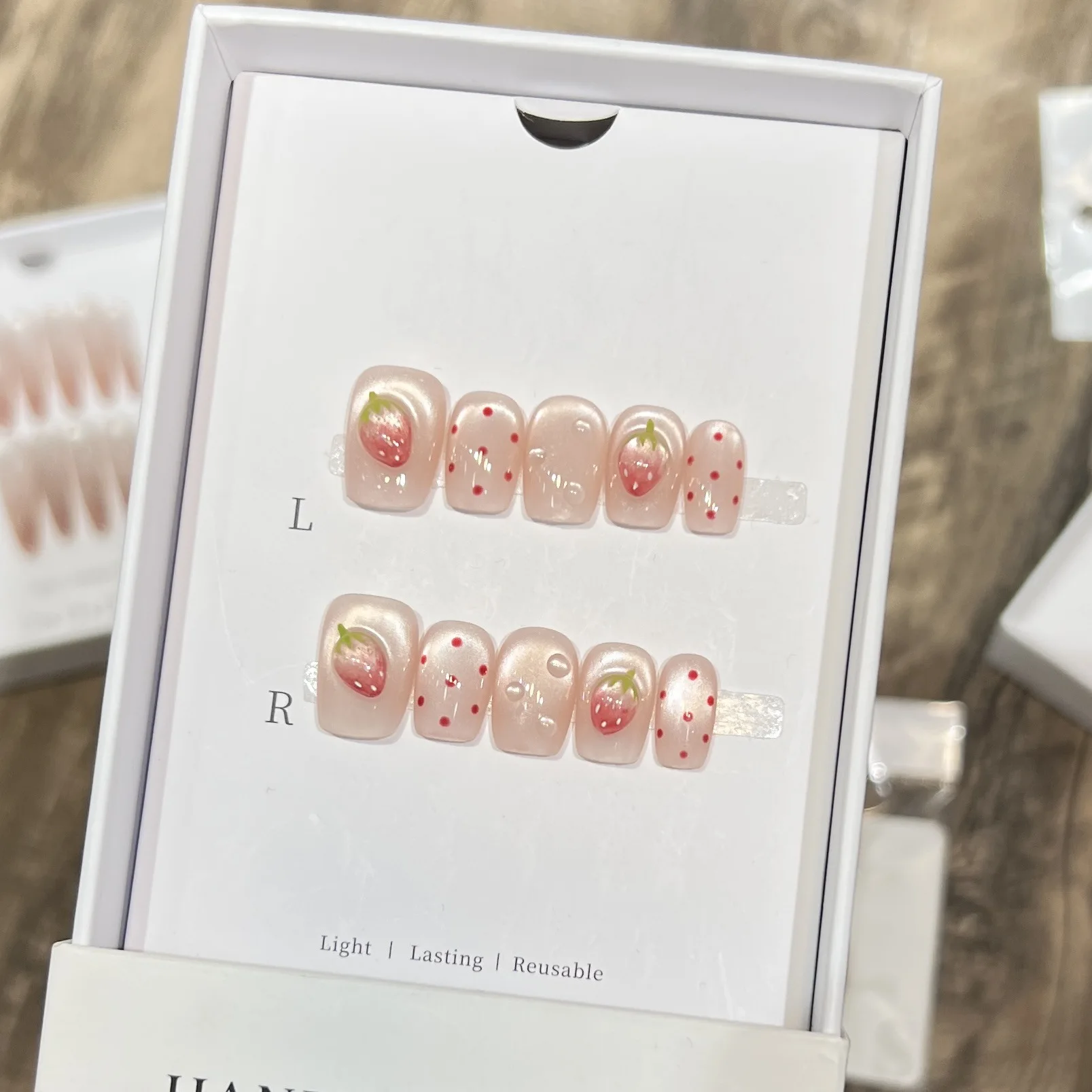 

10pcs Cute Strawberry Press on Nails Shiny Cat's Eye False Nails Short Square Fake Nails Handmade Red Polka Dots Nails for Girls