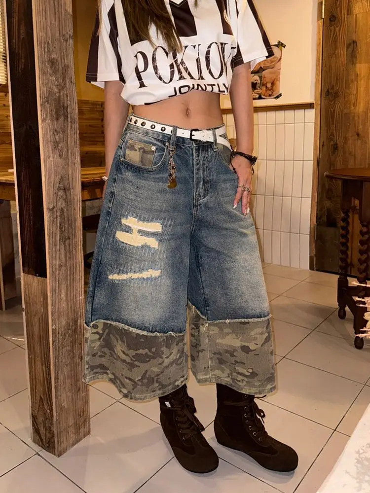 

American retro design camouflage patchwork seven part jeans, high street women's summer thin wide leg pants 2025