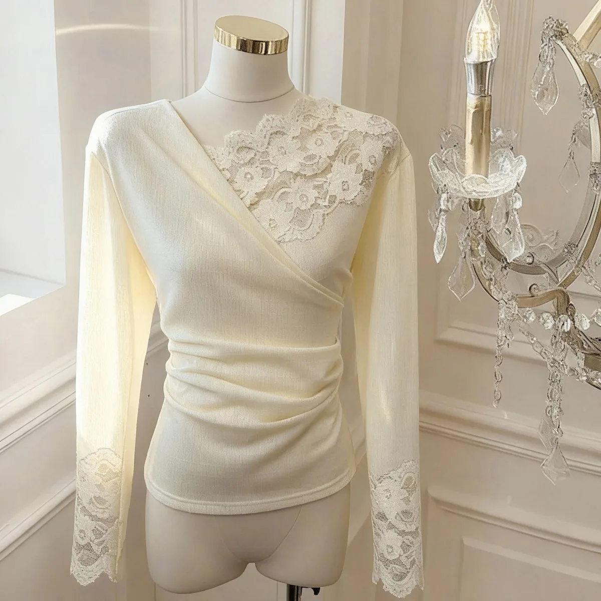 

V-Ne Lace Splice Knitted Top Women's Slim Fit Base irt Spring 2026 New Sle Faionable Bridesmaid Dr