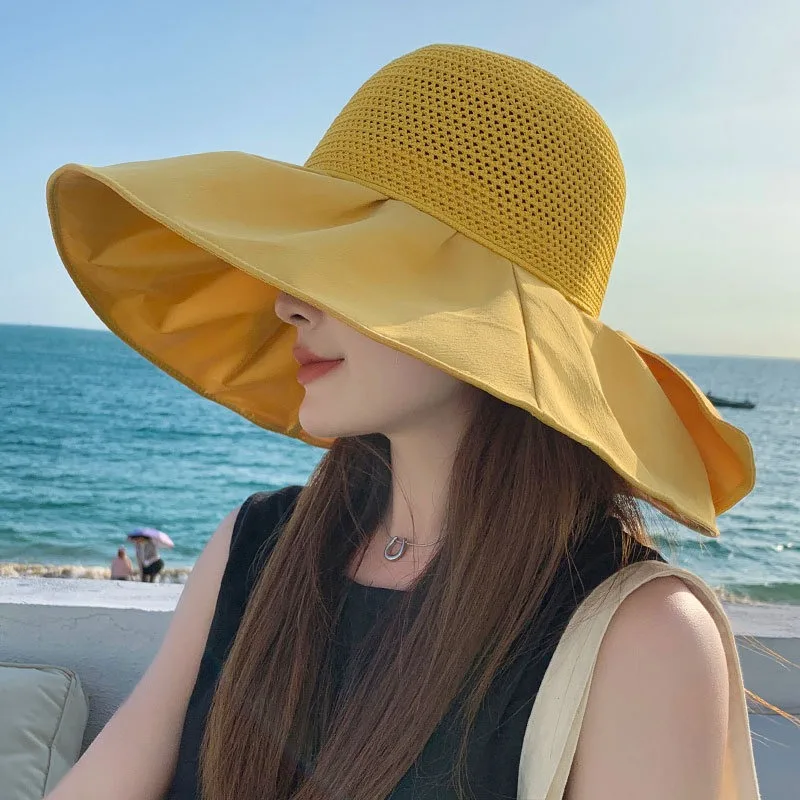 New Wide Brim Sun Hat Hollow Spliced Breathable UV Protection Beach Cap Outdoor Travel Sun Hat For Women Fashion Shade Hat
