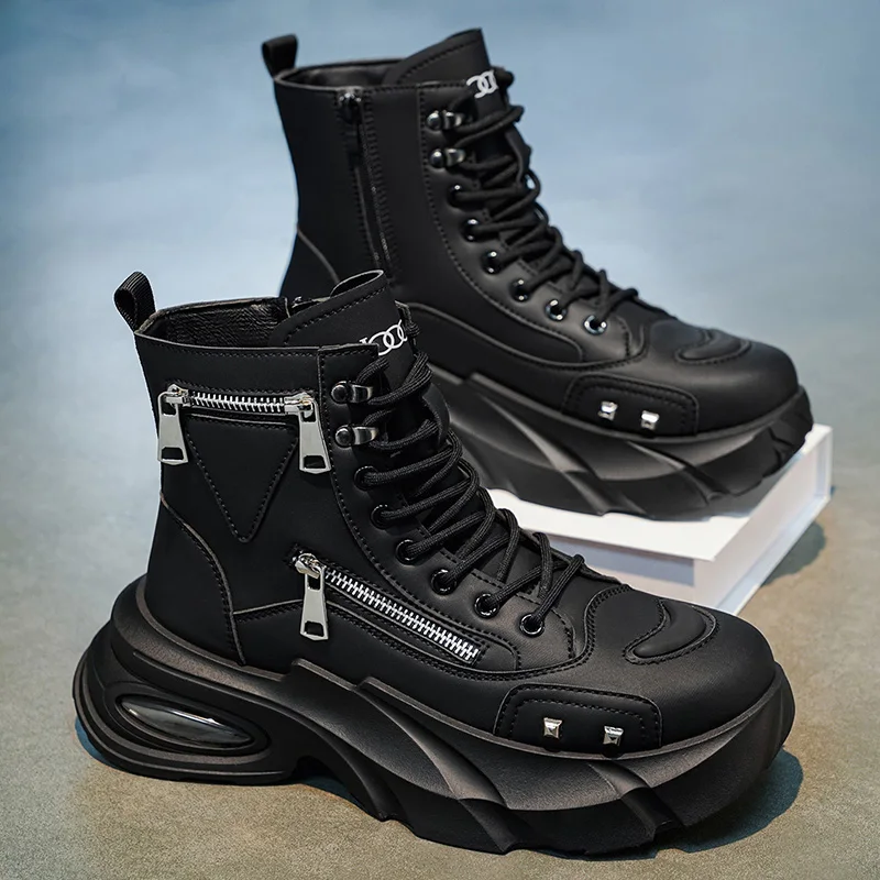 

Deconstructed Style High-Top Men's Boots, Double Zipper Mecha-Style Thick Sole Design, Rivet Embellishments Add a Unique Eye-Catching Touch, Height-Increasing and Slimming Effect, Versatile Street Casual Workwear Boots