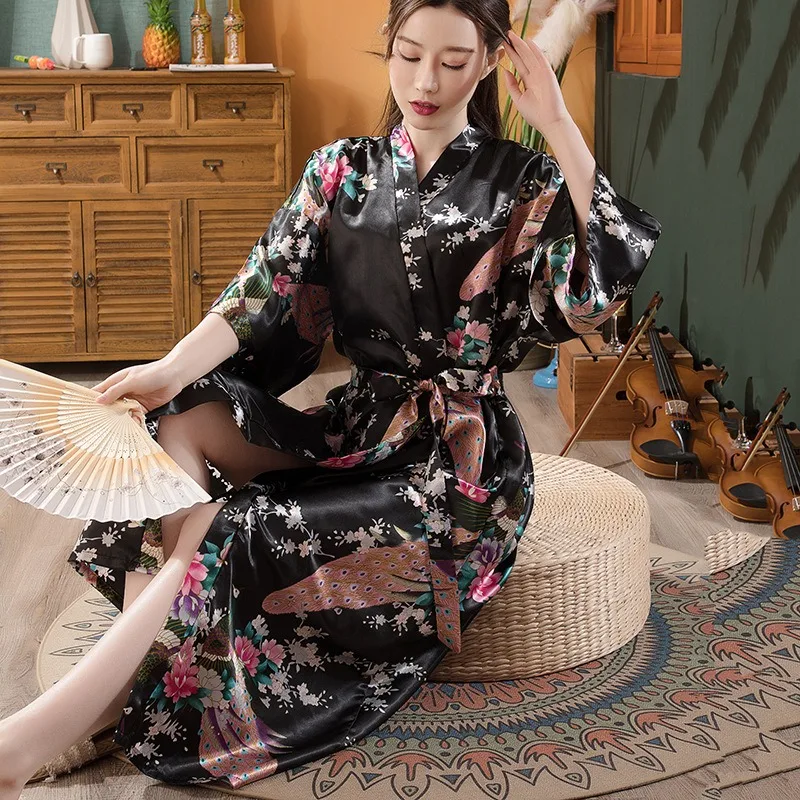 Bathrobe Gown Chinese Women Long Robe Print Flower Peacock Kimono Bride Bridesmaid Wedding Robes Sexy Sleepwear