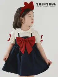 Summer Children Baby Girls Sweet Cotton Cute Bow Doll Collar A-line Kids Fake two-piece set Dresses Skirts School uniform 2-7 Y