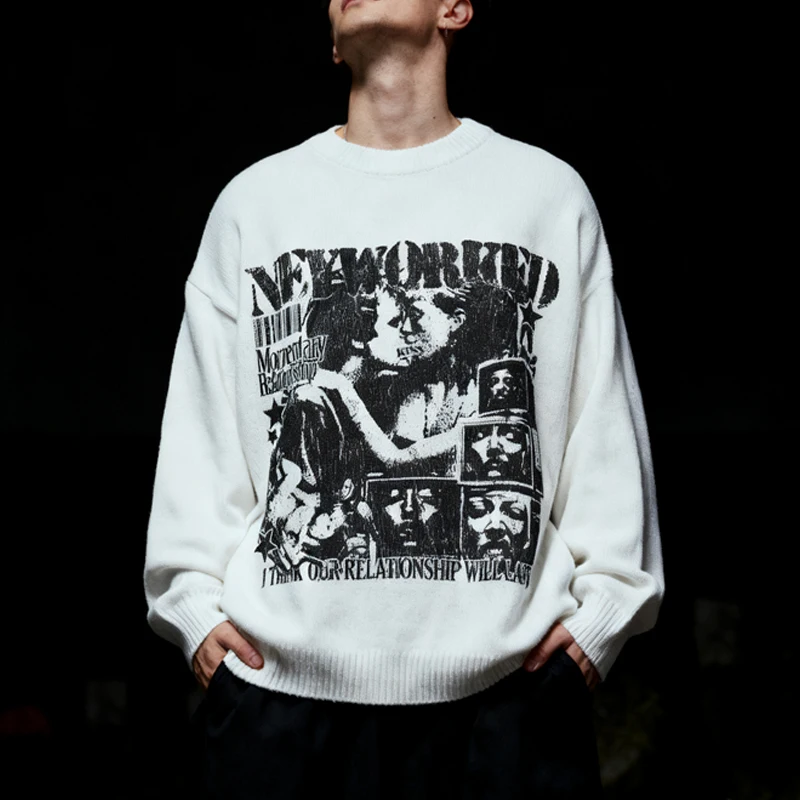 

White retro collage portrait pattern sweater, neutral gothic dark streetwear, oversized knitted autumn and winter casual top