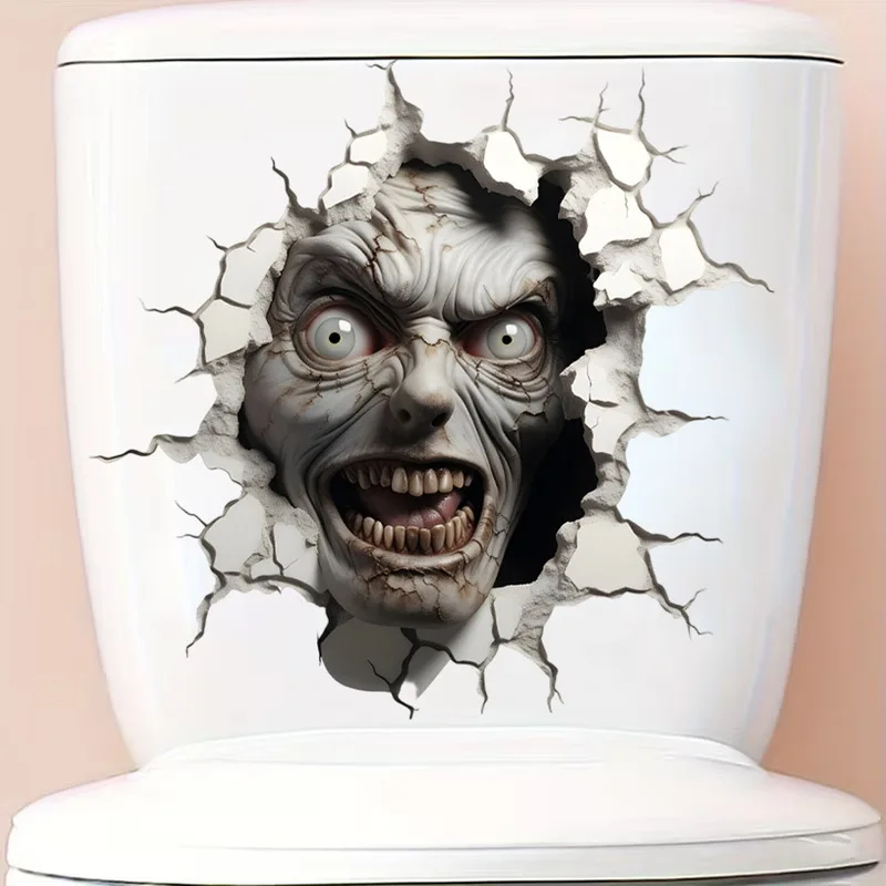 Crack Broken Wall Ferocious Zombie Face Halloween Wall Sticker, Creepy Horror Decal for Escape Room Spooky Home Party Decor