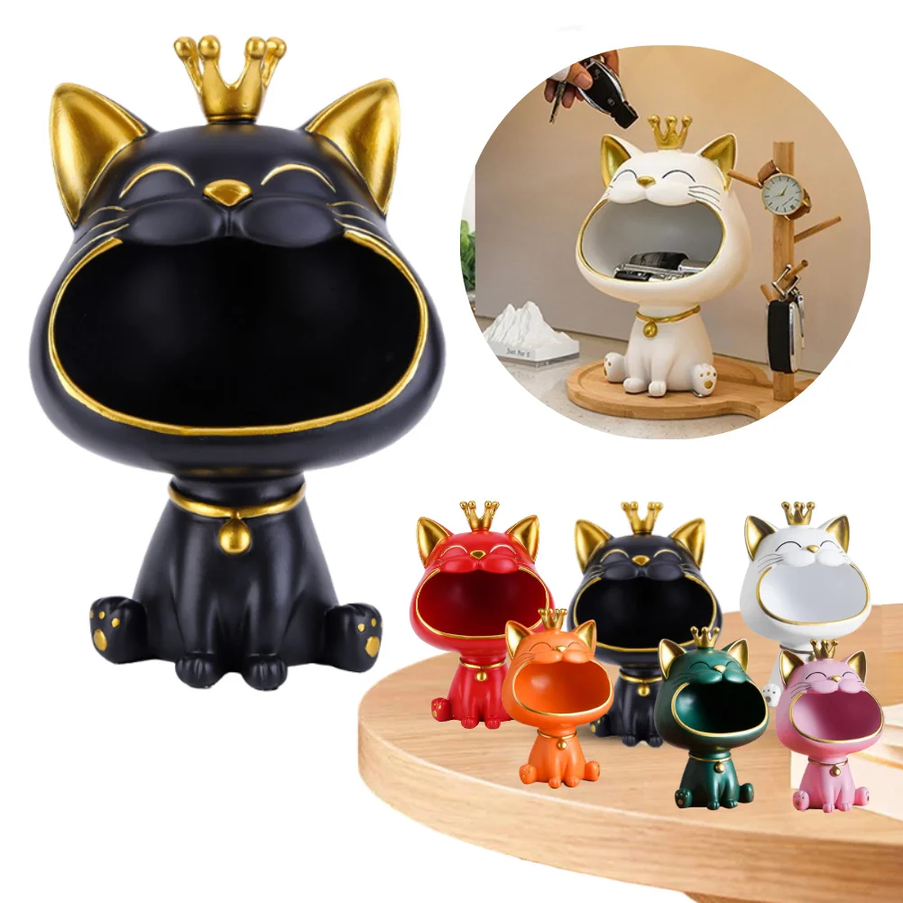 Statue de chat porte-bonheur en résine, décoration, grosses boces, boîte à clés créative pour chat riant, boîte de rangement de bureau mignonne