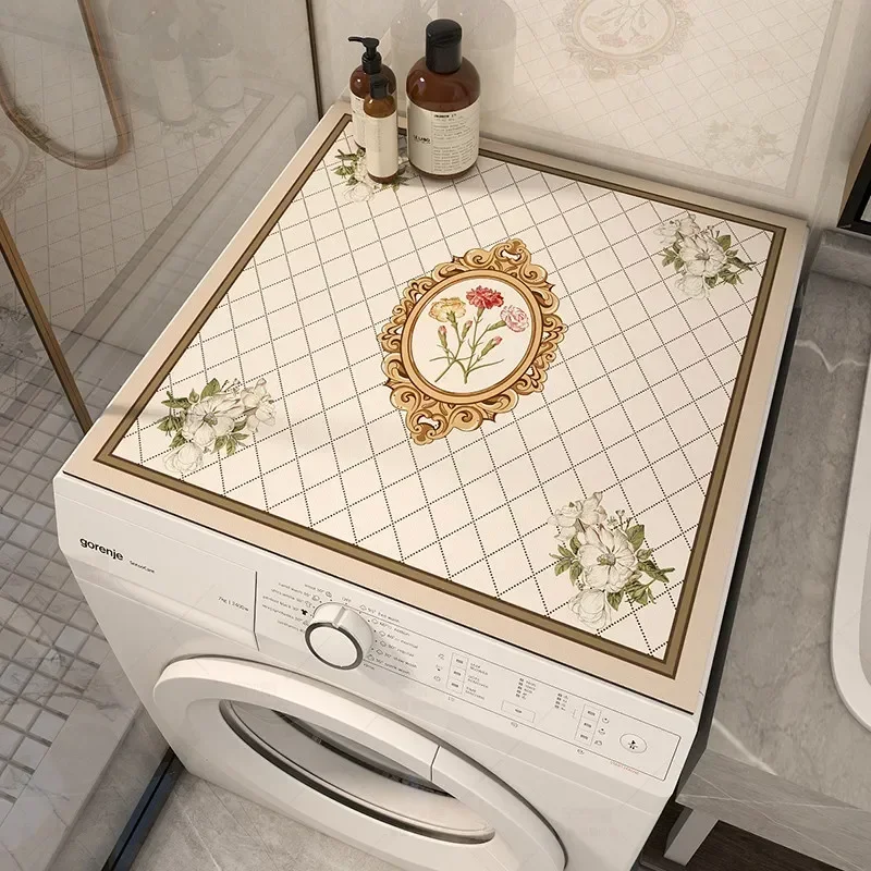 VIKAMA Winter Deer Floral Washing Machine Top Mat Teal Vine Frame Text Waterproof Anti Dust Laundry Dryer Surface Pad