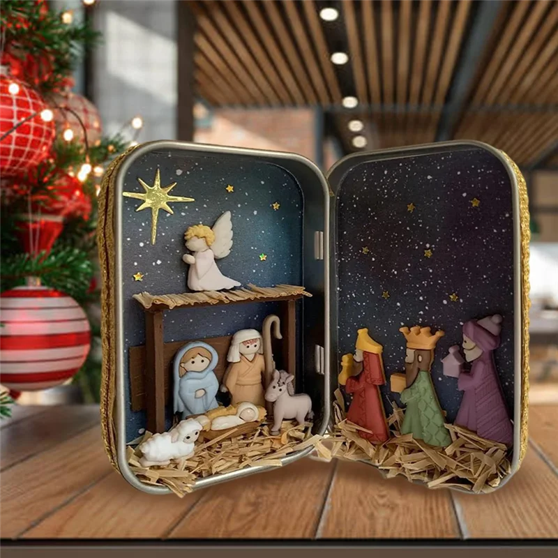 A23Q-Christmas Nativity Jesus Nativity Set Handmade Cabin Box Theater Desktop Ornaments For Xmas Decor